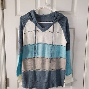 Biucly Women's Color Knit Hoodies Sweaters Loose Long Sleeve V Neck Drawstring